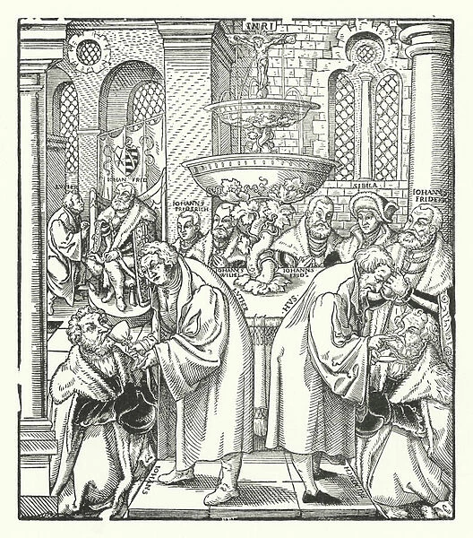Martin Luther and Jan Hus administering Holy Communion to the Saxon royal family (engraving)
