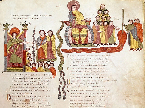 Mozarabic bible page: The plagues: water turned into blood, page from a Mozarabic bible