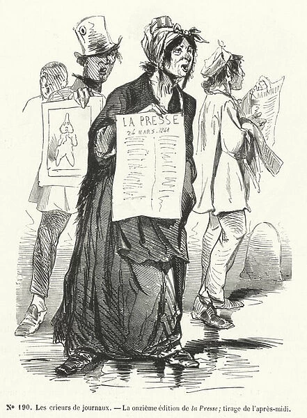 Newspaper sellers - the eleventh edition of La Presse (engraving)