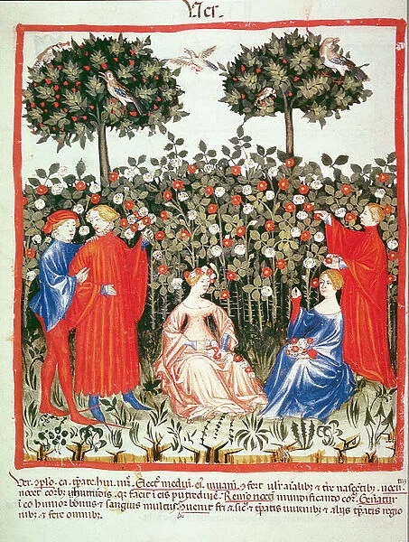 Nova 2644 fol. 55v Spring: The gathering of flowers, from Tacuinum Sanitatis (vellum)