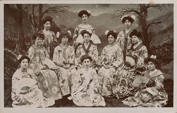 Portrait of a group of Western women dressed in traditional Japanese costume (b  /  w photo)