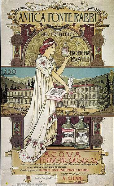 Poster advertising medicinal water from the Antica Fonte di Rabbi nel Trentino
