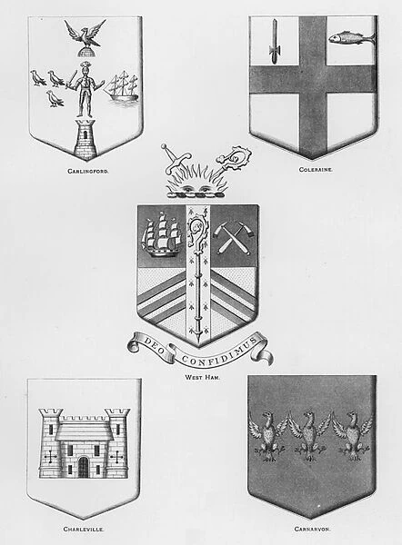 Public arms: Carlingford; Coleraine; West Ham; Charleville; Carnarvon (engraving)