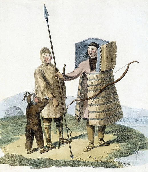 Russian man in a hunting suit with his wife and child