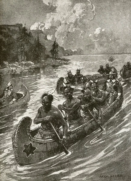 Samuel De Champlain in 1608 ascending the St Lawrence river in the canoes of friendly native American Indians (litho)