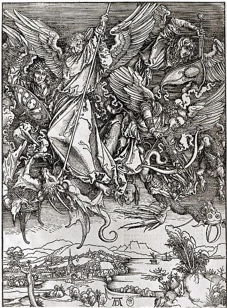 St. Michael and the Dragon, from a Latin edition, 1511 (xylograph) (b  /  w photo)