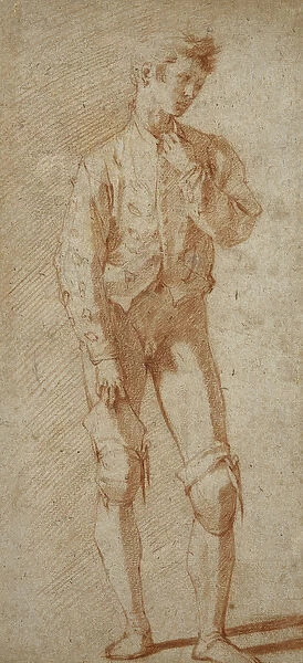 A Standing Youth, Partly Dressed, Wearing a Doublet, Pulling Up His Stockings