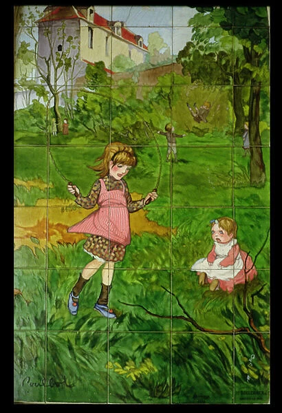 Tiles decorated with children playing in a garden (glazed ceramic)