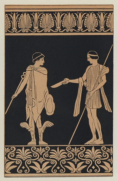 Trygaeus bribing Hermes with a Gold Cup (colour litho)
