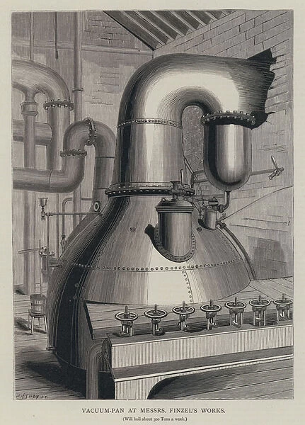 Vacuum-pan at Messrs Finzels Works, will boil about 300 Tons a week (engraving)