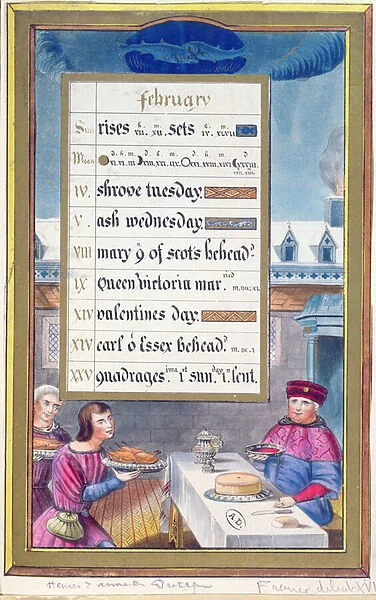 A Victorian calendar sheet for February with an illustration from the Book of Hours of