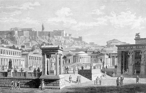 View of the city center of Athens. Engraving from 1877
