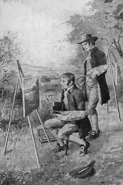 The village plumber helping a young John Constable paint a scene in Suffolk (litho)