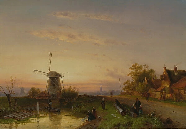 Windmill at Sunset (oil on panel)