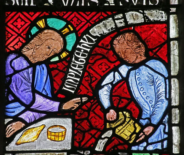 Window depicting Christ and a servant at the Marriage at Cana (stained glass)