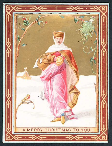 Woman carrying basket in snow, Christmas Card (chromolitho)