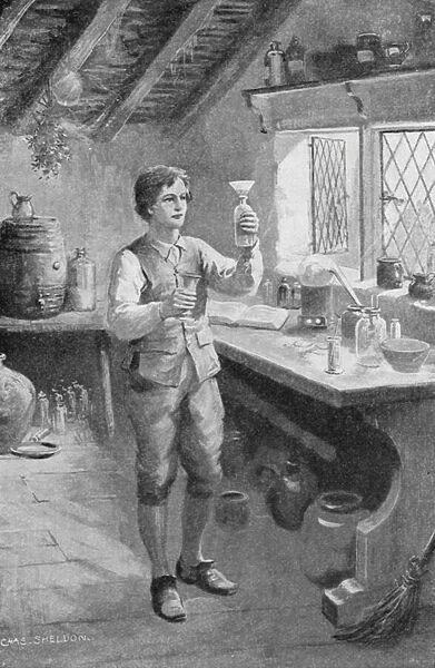 The young Humphry Davy making his first experiments (litho)
