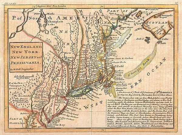 1729, Moll Map of New York, New England, and Pennsylvania, First Postal Map of New England