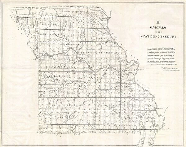 1850, Land Survey Map of Missouri, topography, cartography, geography, land, illustration