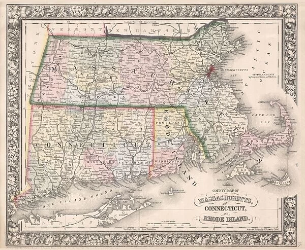 1864, Mitchell Map of Massachusetts, Connecticut and Rhode Island, topography, cartography
