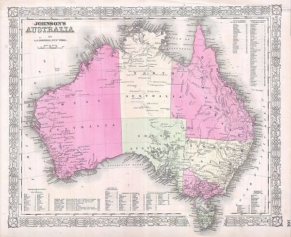 1865, Johnson Map of Australia, topography, cartography, geography, land, illustration
