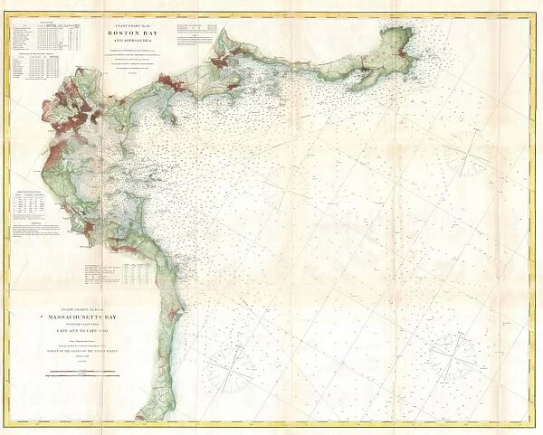 1866, U. S. Coast Survey Map of Boston Bay, Massachusetts, topography, cartography