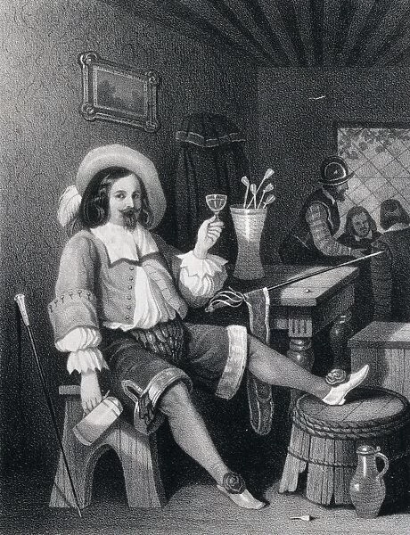 man drinking wine, wine glass, jug, hat, walking stick, interior, pub, sword, elegant