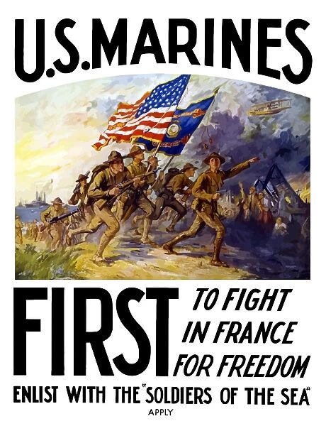 World War One poster of US Marines charging forward during a battle