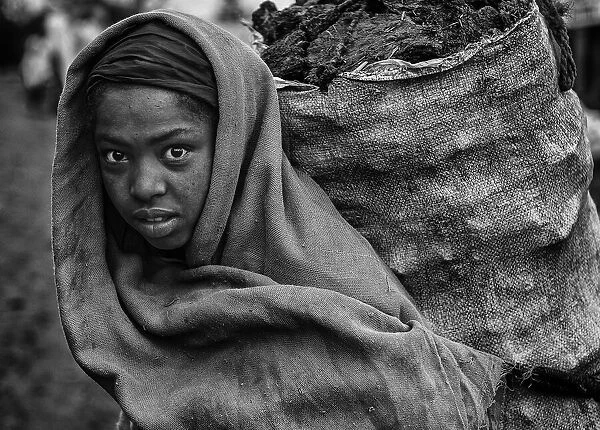 Ethiopian girl carrying manure