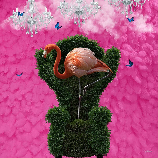 Fluttering Pink Flamingo on a Green Chair