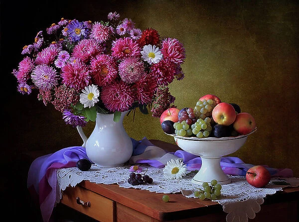 Still life with a bouquet of asters and fruits