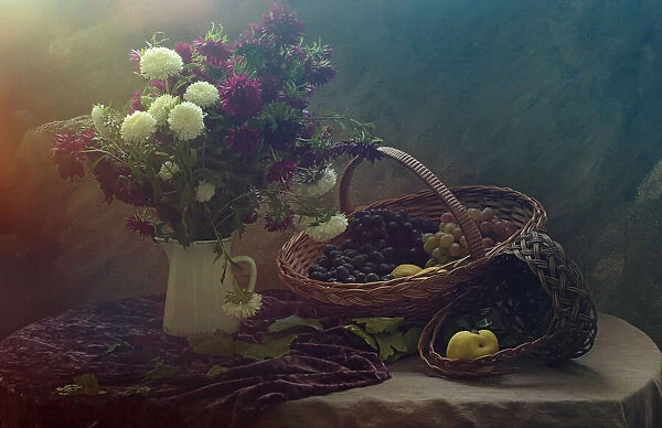 Still life with Flowers and Grapes