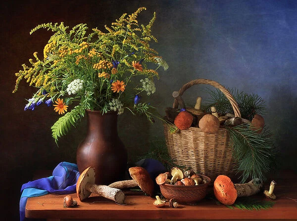 Still life with mushrooms and bouquet