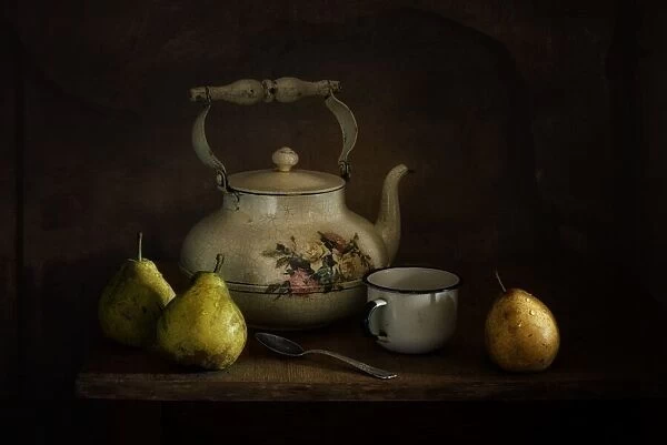 Still life with pears and a kettle. Vintage