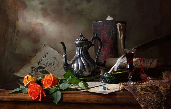 Still life with teapot and roses