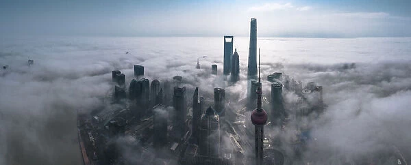 Shanghai in the fog from above