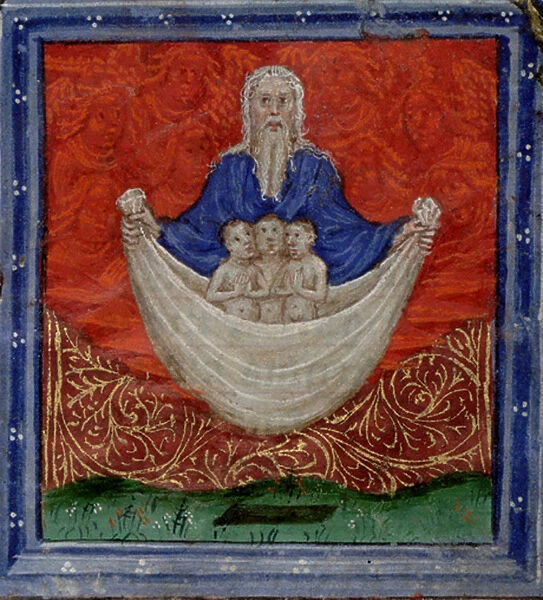 God the Father with three souls, being raised from the dead (Book of Hours), c. 1410. Artist: Scheerre, Herman (active c. 1405-1425)