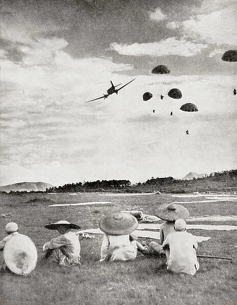 Chinese helped by American air power, parachutes dropping supplies, ammunition and equipment, 1944. From The War in Pictures, Sixth Year.