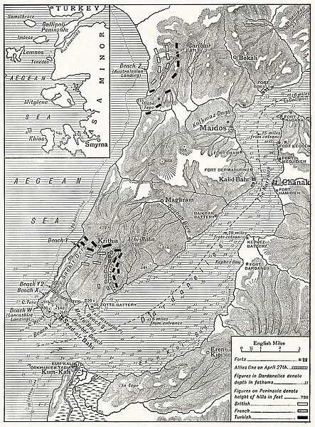 The Gallipoli Campaign. Map Illustrating Operations Of Allies Under Sir Ian Hamilton From The Landing On April 25 To May 30 1915. From The Great World War A History Volume Iii, Published 1916