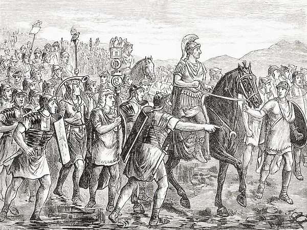 Julius Caesar crossing the Rubicon river, 10 January, 49 BC. Gaius Julius Caesar, 100 BC - 44 BC. Roman general and statesman. From Cassells Illustrated Universal History, published 1883