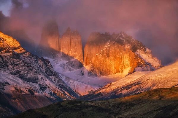 Mountains in Torres del Paine National Park in Southern Chile at sunrise