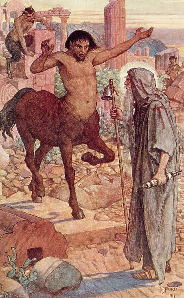 St. Anthony meets a centaur and a satyr during his journey through the desert to find Saint Paul of Thebes. Saint Anthony or Antony, 251 - 356. Christian monk from Egypt. From The Book of Saints and Heroes, published 1912