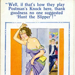 Comic postcard, Dishevelled woman at a party Date: 20th century