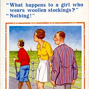 Comic postcard, Man and two women on promenade