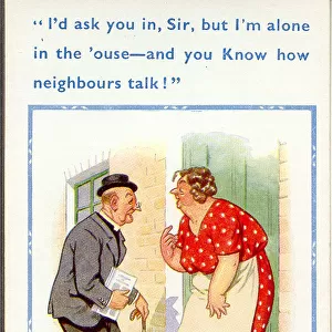Comic postcard, Vicar calls at womans house Date: 20th century
