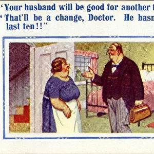 Comic postcard, Wife, sick husband and doctor Date: 20th century