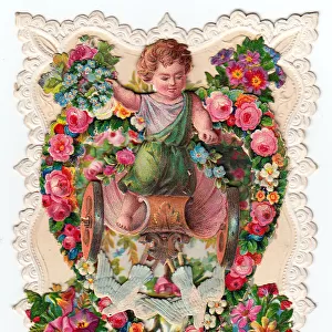 Cupid in a chariot with flowers on a Valentine card