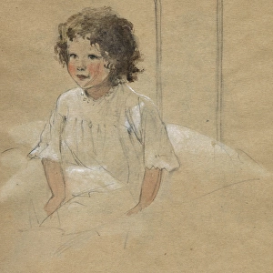 Little girl sitting up in bed, by Muriel Dawson