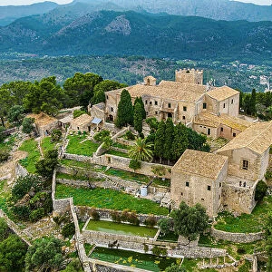 Aerial of the 14th century Santuari de la Mare de Deu des Puig, Unesco site Serra de Tramuntana, Pollenca, Mallorca, Balearic islands, Spain