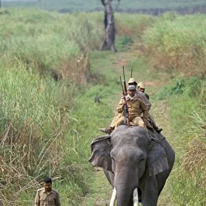 Game guards patrolling on elephant back